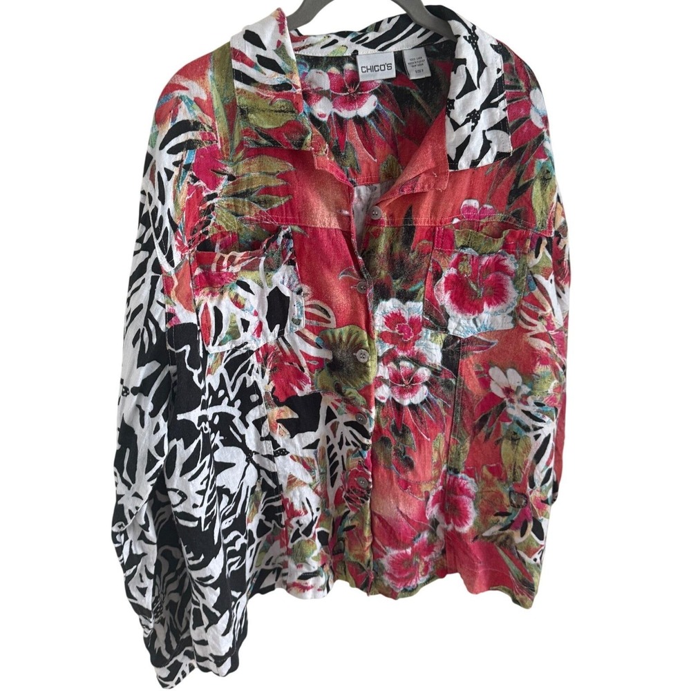 Vintage Chico's 100% Linen Tropical Floral Shirt Maximalist Dopamine‎ Dressing - Picture 4 of 6